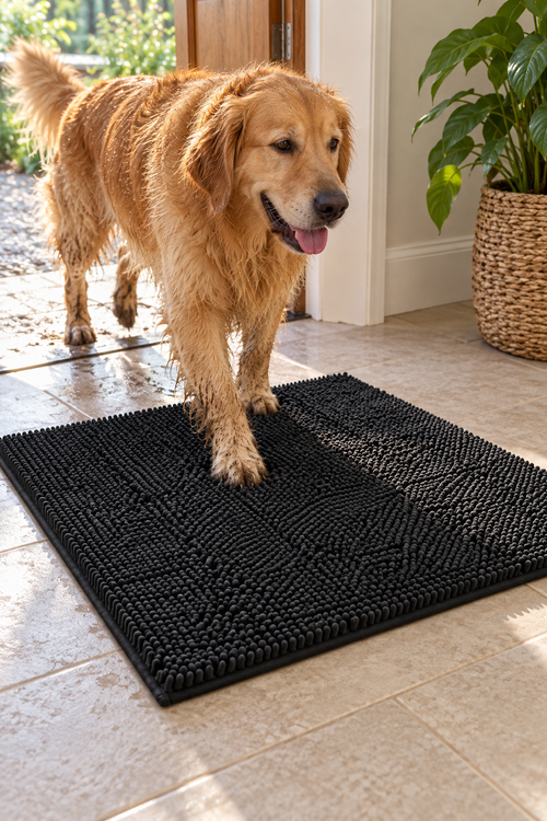 Golden retriever stepping onto the Blushmallow Black mat