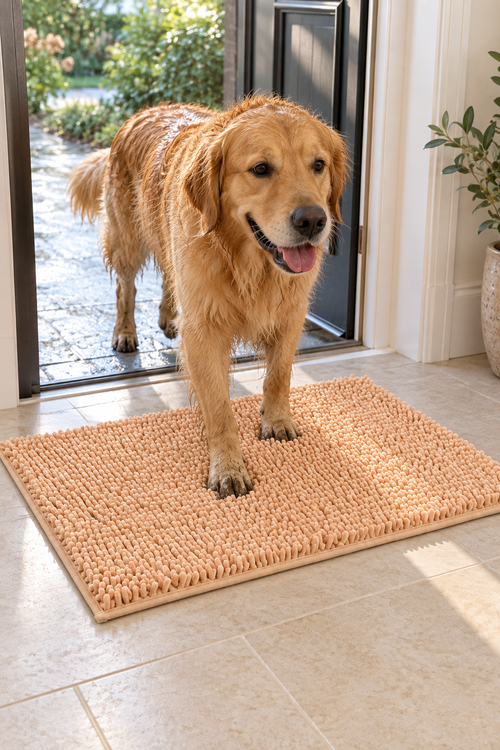 Golden retriever stepping onto the Blushmallow Camel mat